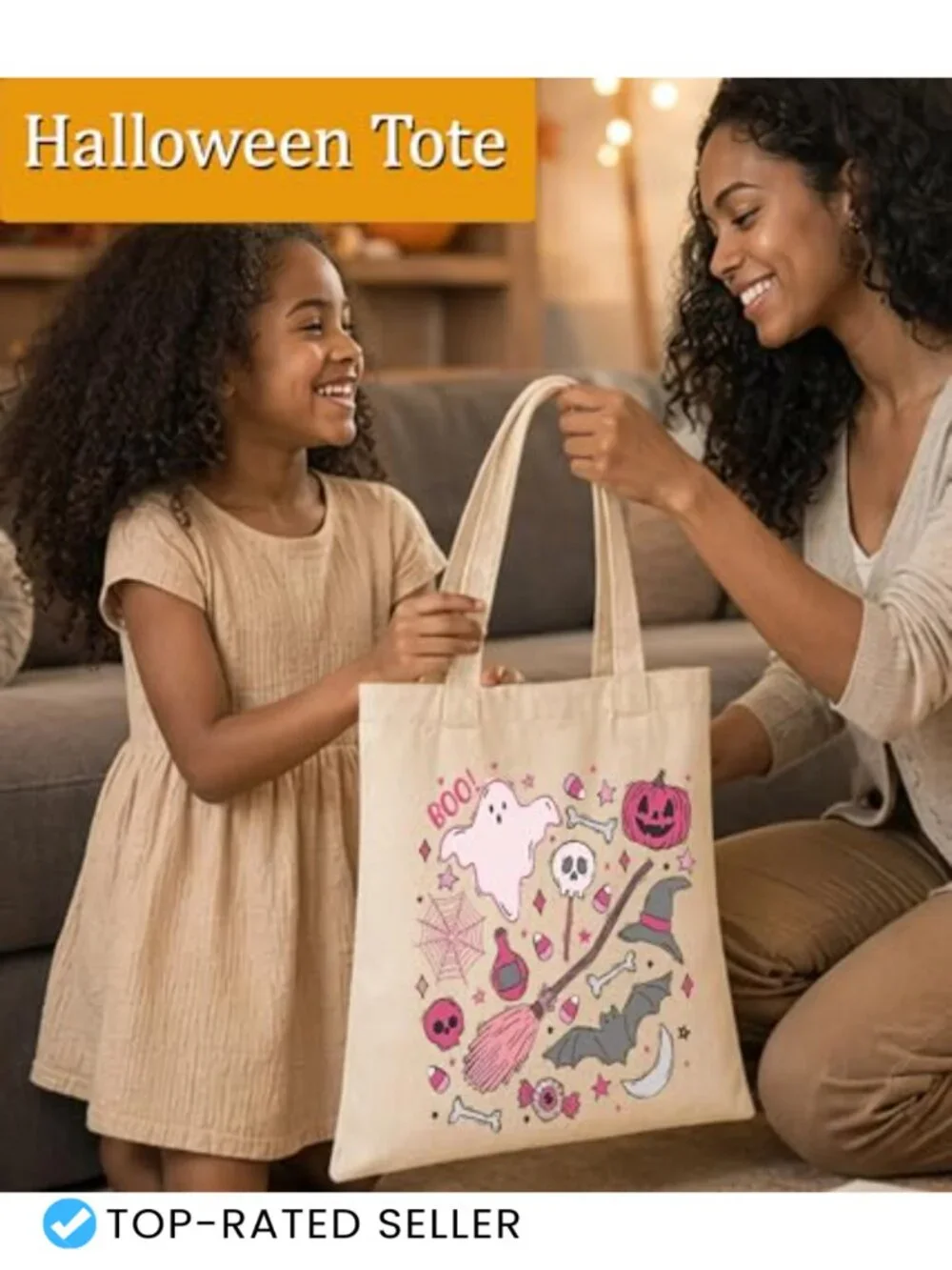 Halloween Ghost Canvas Tote Bag with Zippered Pocket for Women